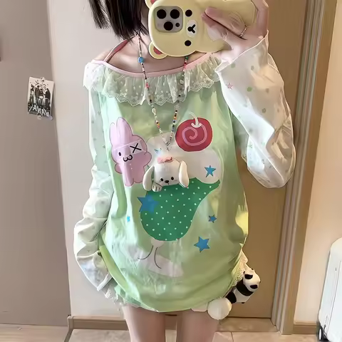 Japanese Sweet Cartoon Polka Dot Print Women T-shirt Loose Kawaii Contrast Color Cute Graphic Tee To