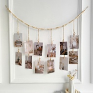 Hanging Photo Display Belt Log Color Wooden Bead String Photo Storage Tassel String Hemp Rope Bead S