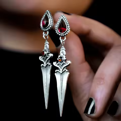Vintage Medieval Gothic Sword Drop Earrings for Women New Water Drop Red Stone Dangle Earring Pierci
