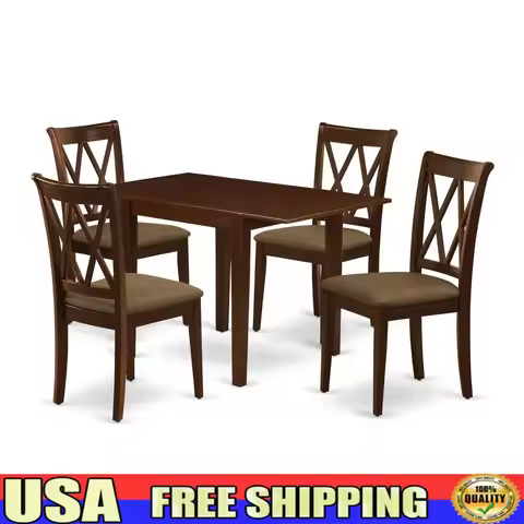 5-Piece Modern Mahogany Dining Set with Dropleaf Table and Linen Fabric Chairs