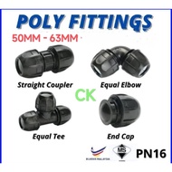 HDPE Poly Pipe Fittings 50mm 63mm Poly Pipe Connector Stright Coupler Straight Coupler Elbow Tee