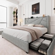 King Size Bed Frame, With 4 Storage Drawers, Upholstered Platform Bed Frame, Sol Wood Slat Support, No Box Spring Required