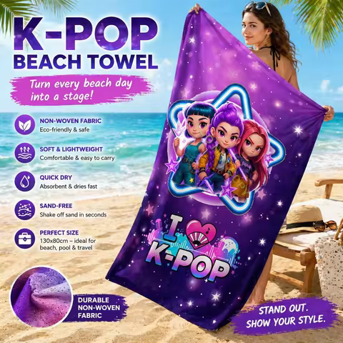 I Love K-Pop Beach Towel Purple Cartoon Idol Girls Flat Print Soft Bath Towel for Summer Travel Swim