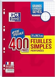 OXFORD 400 Sheets Single Sheets Large Squared Seyes Format A4 (21 x 29.7 cm) Perforated