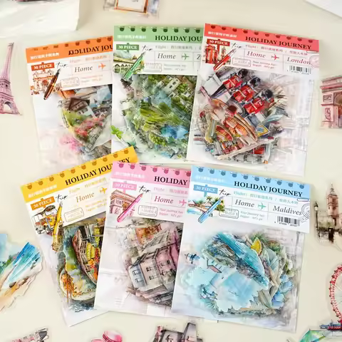 30pcs/pack Transparent Sticker Bag Holiday Trip London Paris Swiss Thai Maldives Landscape for Journ
