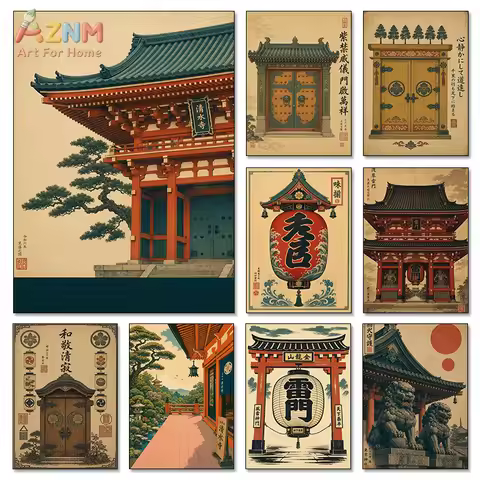 AZNM Vintage Japanese Temple Canvas Wall Art Ukiyo-e Kiyomizu Dera Red Lantern Print Frameless Canva