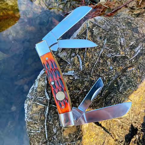 LIXIU Watchman Trapper Knives Pocket Four Blades Slip Joint Folding Knife Classic Bone Grips Mirror 