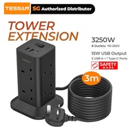 TESSAN - SG Safety Mark, 8 Outlets Tower With USB & Type C Surge Protector Power Strip Socket
