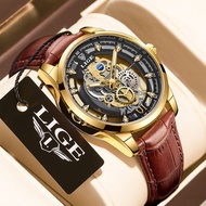 LIGE Jam Tangan lelaki Skeleton Watch Luminous Tech Sense Chronograph Casual Business Leather Strap 
