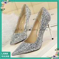 T Temperament Sequined Wedding Shoes|LANA Silver White Heel High 9.5CM European American Style Shini