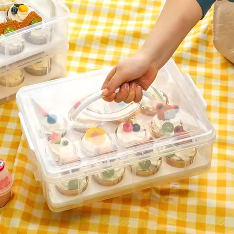 2 Tier Cupcake Carrier Rectangle with Lid and Handle Cupcake Storage Box Transparent 24 Grids Cupcak