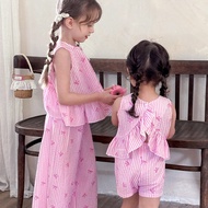 LMoss 2pcs Baby Girl Woven Striped Bow Decor Casual Sleeveless Top And Loose Pants Set Brand Baby Cl