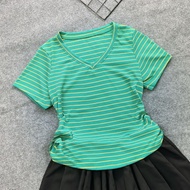 Áo Thun Bigsize Nữ cổ tim kẻ sọc thun gân co giãn mềm mát mặc thoải mái - G85