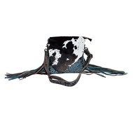 Cobal Blue Conceal Carry Cow print tooled leather fringe bag S-3345
