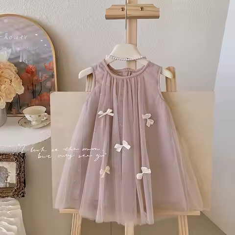 Pink lace glitter Sleeveless Loose Beach Mermaid Dress With Necklace Preschool Princess Graduation t