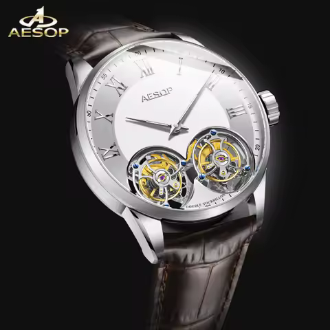 Aesop Men's Double Tourbillon Watch Hand Winding Movement Sapphire Business Fashion Male Mechanical 