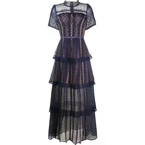 Spring/Summer New Women's Water soluble Lace Splicing Deep Blue A-line Layer Cake Slim Fit Long Dres