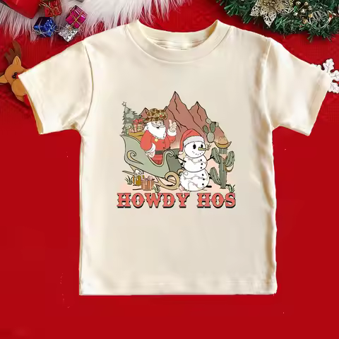 Howdy Hos Kid Retro Shirt Christmas Party Kid Natural Shirts Toddler Santa Claus Pattern Short Sleev