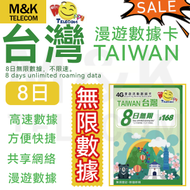 【台灣】8日 電話卡 sim卡 數據卡 上網咭 高速數據 不限速 無限數據 共享網絡 使用方便