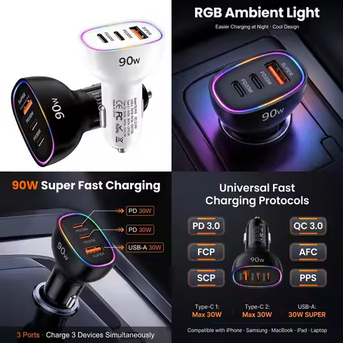 90W USB C Car Charger Multi Port Super Fast Charging Dual PD 30W Type C USB A 30W Adapter for MacBoo