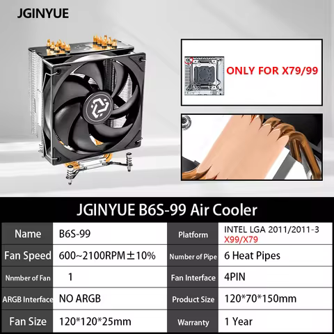 JGINYUE B6S-99 6 Heat-Pipe CPU Air Cooler TDP 150W CPU for Intel® X79/X99 Motherboard LGA2011/2011-3