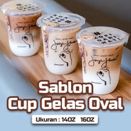 SABLON CUP GELAS OVAL PLASTIK 14OZ 16OZ THAI TEA CAPCIN KOPI SUSU BOBA