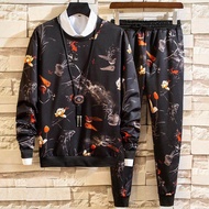 Naimo Mens Suit Spring and Autumn New Hegemonic Wolf Head Print Long Sleeve T-Shirt Set Mens Round N