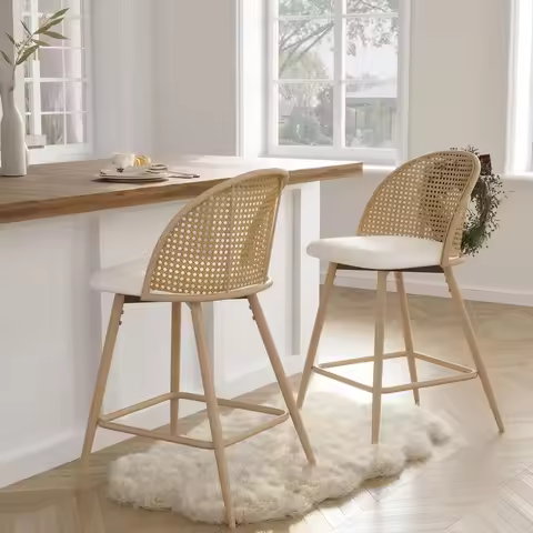 26'' BarStools Set of 2 w/Rattan Backrest, Swivel Counter Height Bar stools w/Metal Legs, Modern Mid