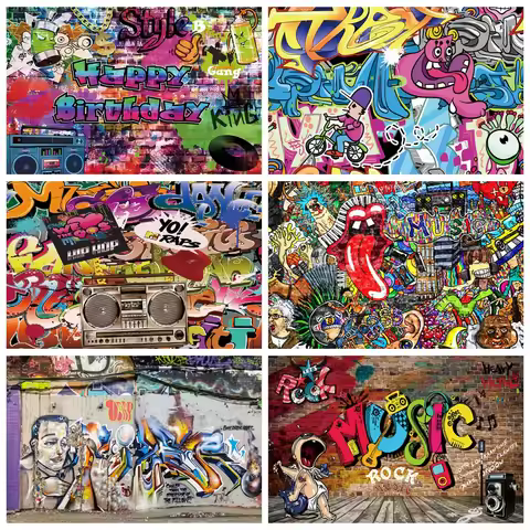 Street Art Graffiti Brick Wall Portrait Photography Backdrop Vintage 80s 90s Hip Hop Birthday Party 