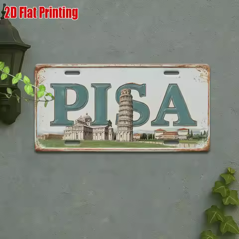 Italy Pisa Leaning Tower 2D Flat Printing License Plate Style Metal Tin Sign, Iconic Italian City Th