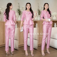 #6210 Set เสื้อ+กางเกงเอวสูง S-4XL ชุดสาวอวบ อ้วน ชุดออกงาน ชุดไปงาน ชุดเพื่อนเจ้าสาว ชุดไปวัด ชุดไป