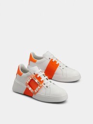 Roger Vivier Viv' Skate Strass Buckle Sneakers in Leather (White &amp; Orange) 鑽扣牛皮運動鞋 (橙配白色)