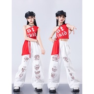 Red ripped pants jazz dance costume for girls JAZZ Street Dance Performance Outfit Set, Crop Top Dan