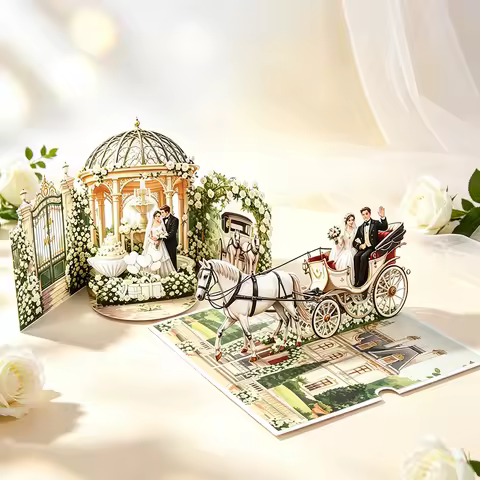 Wedding 3D Pop Up Greeting Card, Romantic Bride Groom Carriage Popup Card, Congratulations Gift for 