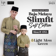 QAYRAA 2025🪔Light Moss Green Baju Melayu Soft Cotton Slim Fit Cekak Musang Ayah dan Anak Sedondon Fa