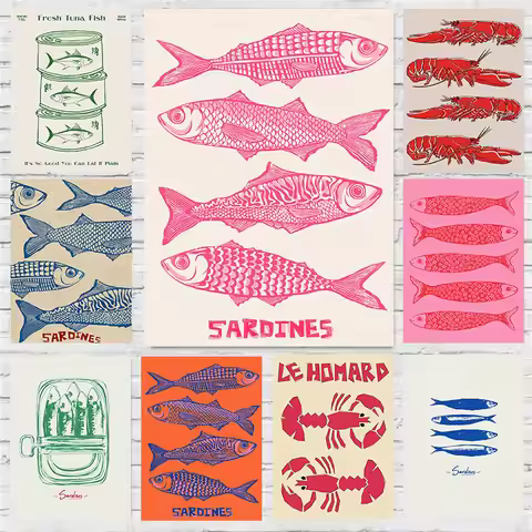 Retro Kitchen Fish Blue Sardines Red Lobster Tuna Poster Print Wall Art Pictures Canvas Painting Liv