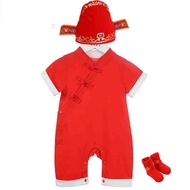 Newborn baby boy short sleeves cotton CNY romper + hat + socks, chinese new year clothes kids, cny c