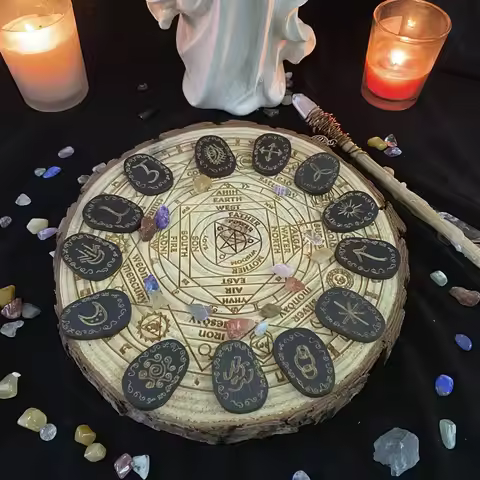 14 Pcs Wood Runes Stone Set Witches Rune Set Engraved Rune Symbol for Divination Altar Home Decor