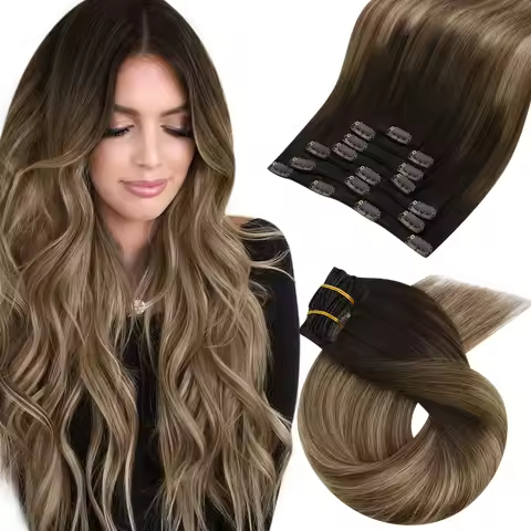 Moresoo Clip in Hair Extensions Real Human Hair Ombre Real Hair Extension Clip in Human Hair 5PCS&7P