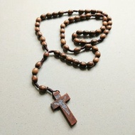 美國古董飾品 | 民族風INRI耶穌印花原木十字架 木珠繩編Y字項鍊