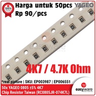 50pcs SMD Resistor 0805 YAGEO 5% 4K7 Chip Resistor 4.7K Ohm Resistor SMD