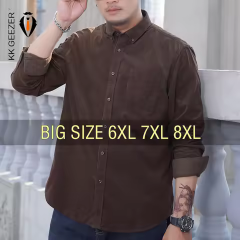Mens Dress Shirts Cotton Corduroy Plus Size 5XL 6XL 7XL 8XL Oversize Long Sleeve Flannel Formal Fash
