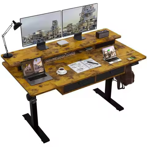 Electric Standing Desk, 63 * 30 Inches Adjustable Height with 4 Drawers, Double Storage Shelves Stan
