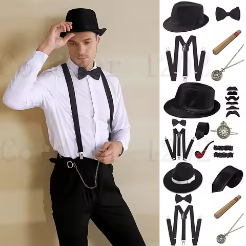Free Ship Halloween 1920s Mens Gatsby Gangster Accessories Set Panama Hat Suspender Bow Tie 20s Grea
