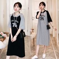 Plus Size Short Sleeve Hooded Dress Big Size T-shirt Dress Round Neck Half Sleeves Letter Number Printed Dress Big Size Ladies Causal Maternity Pregnancy Long Length T-shirt Dress