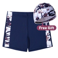 LJMOFA 2 Piece Set of Boys Swim Trunks with Free Swim Caps Cartoon Printed Kids Swimwear Set Tie Up