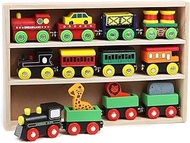 On Track USA Magnetic Wooden Engine Train Cars 12 Piece Train Tracks Accessories Set - Includes Engine Cars, Road Car, and Zoo Train for Toddler Kids, Boys and Girls Compatible with All Major Brands