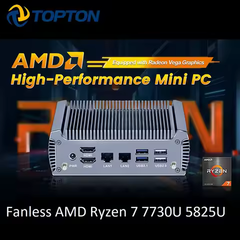 Hot sell Fanless Mini PC AMD Ryzen 7 7730U 5825U R5 5625U 4500U Mini Gaming Computer Dual LAN Firewa