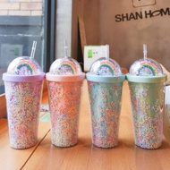 Tumblr / Tumbler Botol Minum Dewasa Hiasan Glitter Pelangi / Rainbow Tumbler 3D Rainbow Lucu Unik Ge