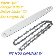 20 Inch Chainsaw Guide Bar & Wood Cutting Saw Chain 3/8'' 72DL 72 Driver Links .063" Gauge Fit Husqv